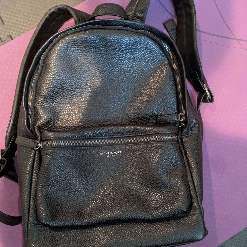 Michael Kors Black Pebbled Leather Men's Backpack with Front Zip Pocket